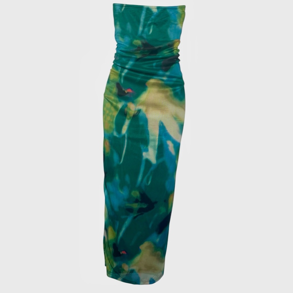 💙 PrettyGarden Strapless Maxi Bodycon Mesh Dress in Green Multicolor - Sz Large - Picture 8 of 10